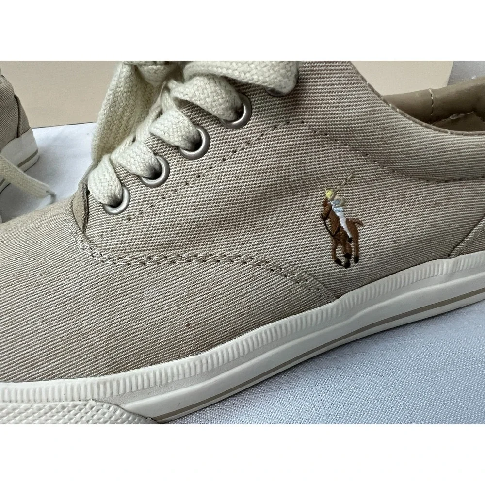 Polo Ralph Lauren Vaughn Low Sneaker Tan Pinstripe Shirting &‎ Suede Upper SZ 8